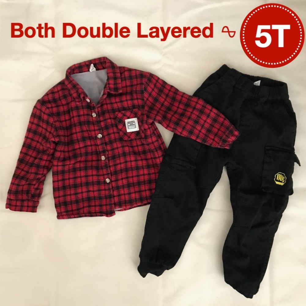 2/$29 Shirt Pants Boys 5T Plaid Winter Flannel Double-Layered Long Sleeves